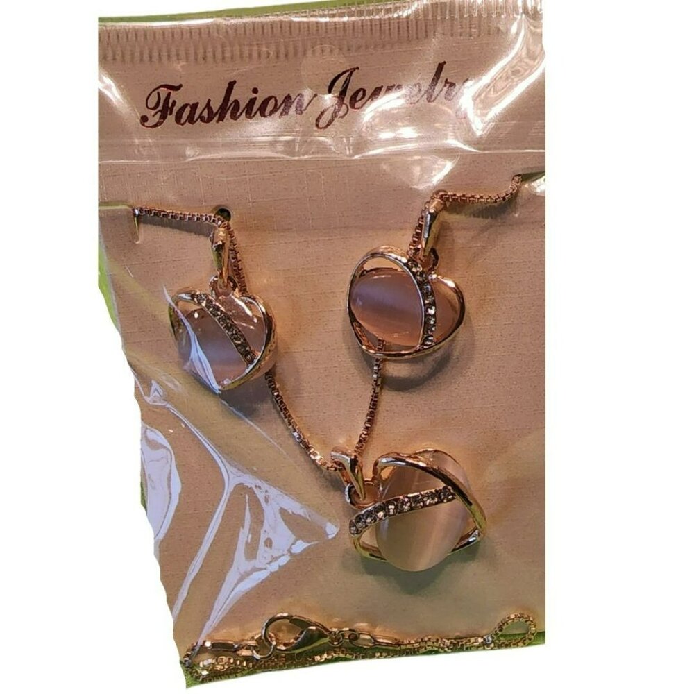 Rose Gold Heart Necklace & Earrings Set With Rhinestone Accents - Picture 5 of 5